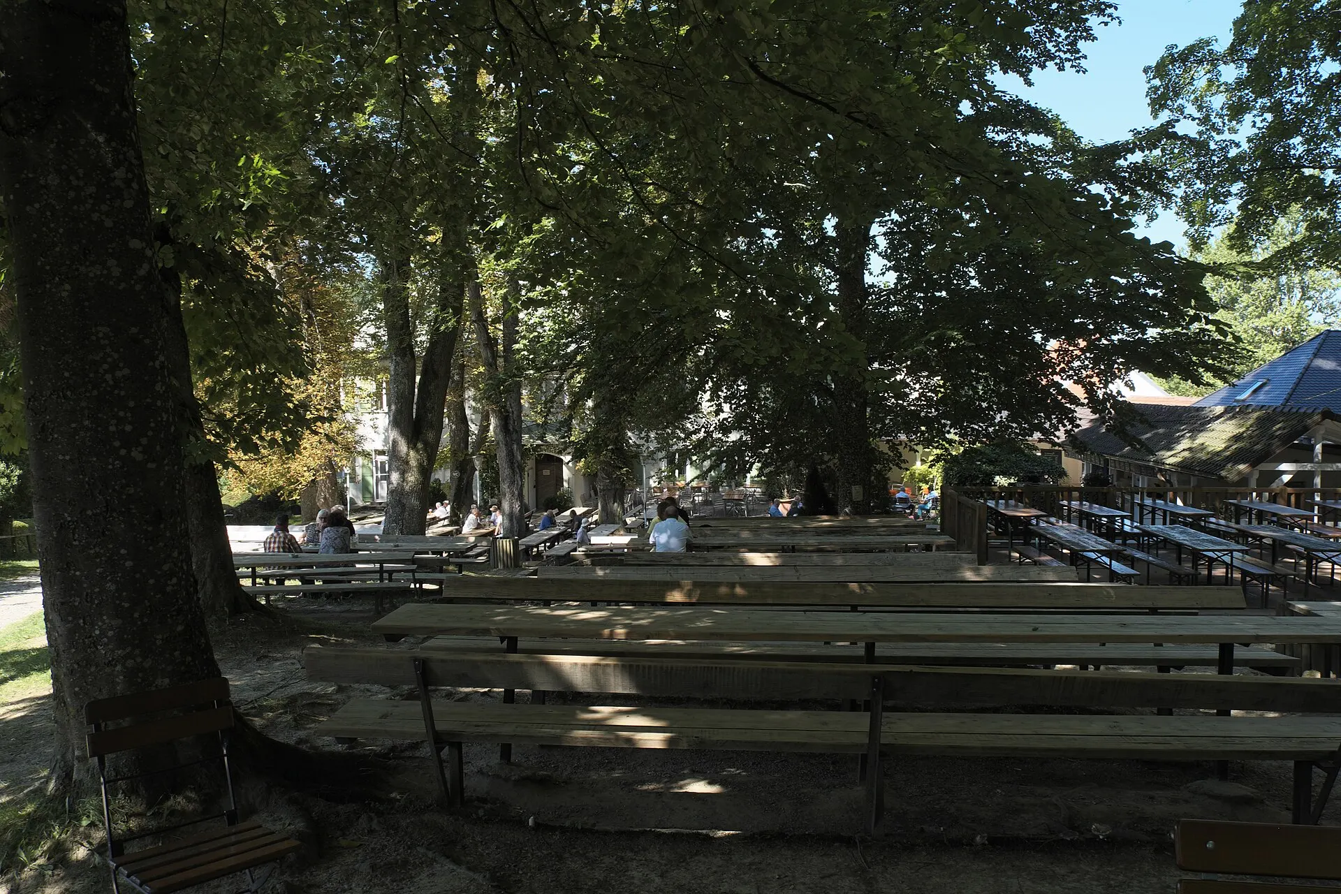 Schattiger Biergarten unter Kastanien wie an Passaus Donaulände
